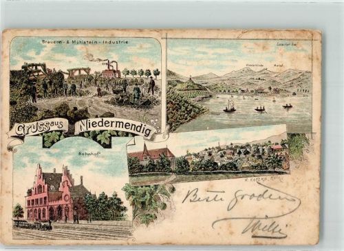 Niedermendig 1898 Bahnhof Brauerei & Mühlstein-Industrie Laacher See sign. H. Kottke Bahnpost Niedernach- Zg. 487 Lithographie