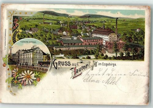08312 O9406 Lauter , Sachs 1904 Lithographie Fabrikgelände Gasthaus Fischer Bahnpost Aue
