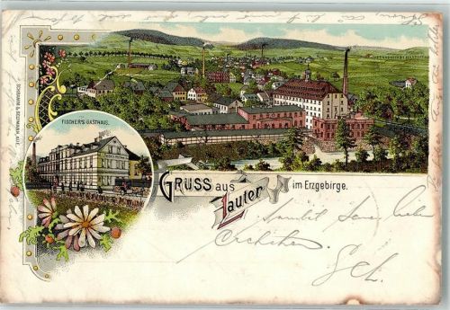 08312 O9406 Lauter , Sachs 1900 Gebrauchsspuren Gasthaus Fischer Bahnpost Aue Zg. 1935 Lithographie
