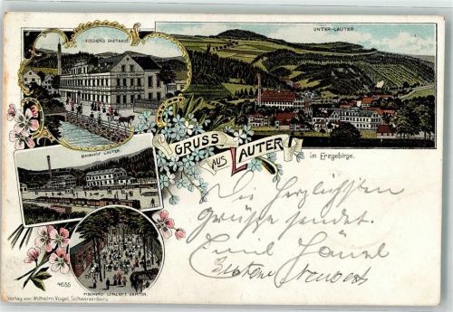 08312 O9406 Lauter , Sachs 1899 Lithographie Bahnhof Gasthaus Fischer Konzertgarten Unter-Lauter