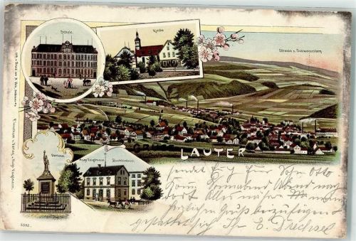 08312 O9406 Lauter , Sachs 1901 Lithographie Schule Denkmal Buchbinderei Voigtmann Bahnpost Aue -Annaberg Zg. 1952
