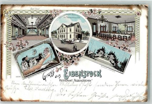 Eibenstock 1902 Gasthaus Feldschlößchen Ball-Saal Konzert- und Tonhalle Lithographie