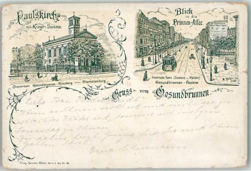 Gesundbrunnen 1915 Paulskirche mit Kriegerdenkmal Prinzen Allee Straßenbahn Firmenlochung