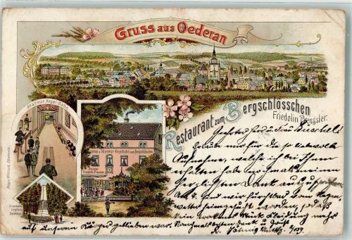 09569 O9388 Oederan 1900 Gebrauchsspuren Gasthaus Bergschlößchen Marmor Kegel-Bahn Eisenbahn-Unglück-Denkmal Lithographie