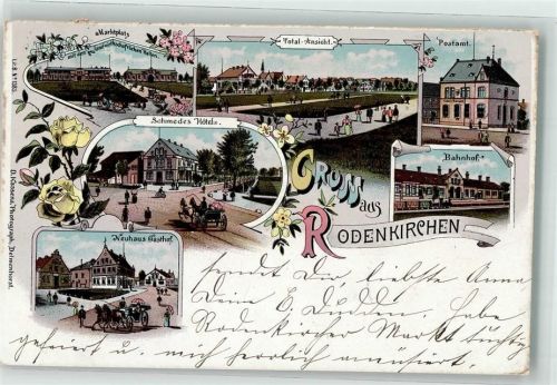 26935 W2883 Rodenkirchen , Kr Wesermarsch 1901 Lithographie Gasthaus Neuhaus Bahnhof Hotel Schmede Marktplatz