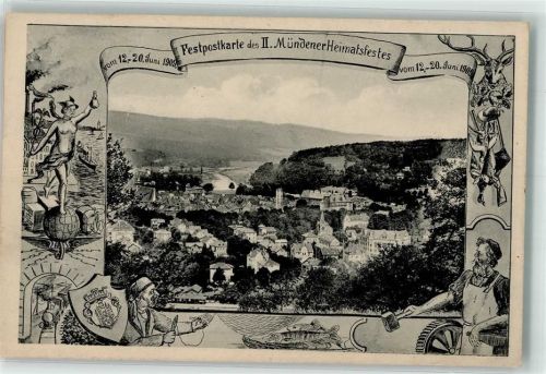 Hann. Münden 1909 2. Mündener Heimatfest 1909 Fischer Schmied Sportler Wappen Festpostkarte