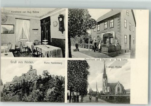 37176 W3412 Nörten-Hardenberg Foto AK Ruine Hardenberg Konditorei Bohne Ev. Kirche