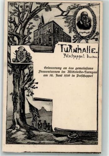 Potschappel Turnhalle Erinnerung gemeinsames Frauenturnen im Mittelelbe-Turngau Juni 1916 Porträt Turnvater Jahn Wappen