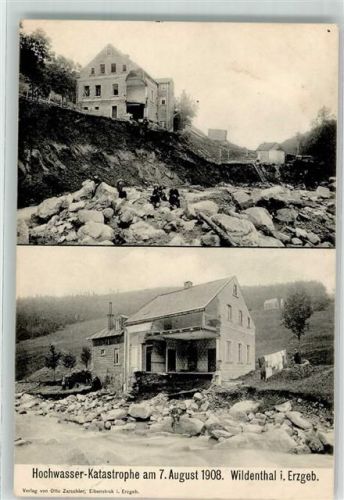 08309 O9401 Wildenthal b Aue, Sachs 1908 Privatfoto AK Hochwasser-Katastrophe 7. Aug. 1908 Zerstörtes Haus