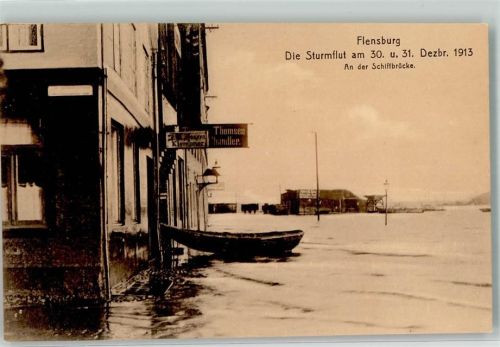 Flensburg Sturmflut 30./31. Dezember 1913 An der Schiffbrücke Ruderboot Klempnerei Thomsen