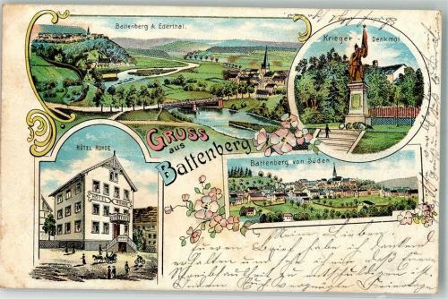 35088 W3559 Battenberg Eder 1905 Lithographie Battenberg Edertal Hotel Rohde Kriegerdenkmal