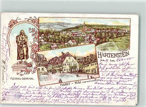 Hartenstein 1900 Fleming-Denkmal Markt-Hotel sign. Möcke Lithographie