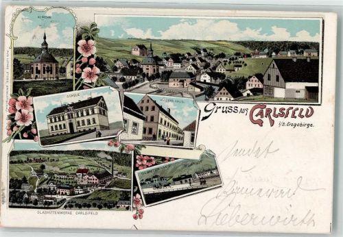 08309 O9404 Carlsfeld , Erzgeb 1898 Lithographie Müller's Haus Glashüttenwerke Beamtenhaus Bahnpost Chemnitz-Adorf Zg. 1767