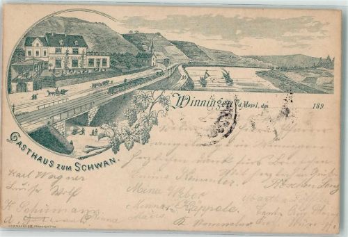 56333 W5406 Winningen , Mosel 1894 Gebrauchsspuren Vorläufer Gasthaus zum Schwan Mosel Lithographie Bahnpost Metz-Koblenz Zg. 299