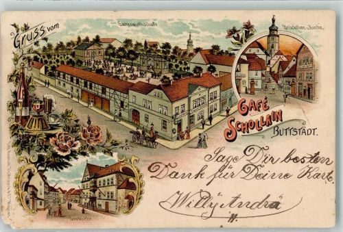 Buttstädt 1902 Cafe Schollan Gartenwirtschaft Garküche Brücktthor Lithographie