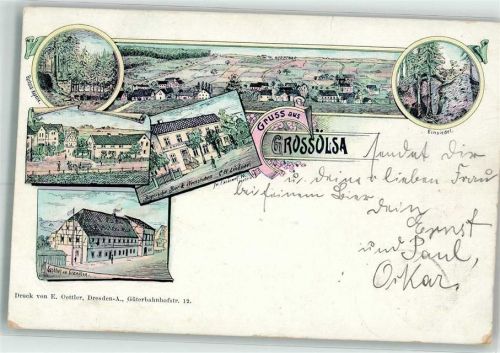 01734 O8222 Rabenau , Sachs 1900 Lithographie Grossölsa Barbara Kapelle Gasthaus C. H. Lindner Gasthaus Einsiedel Briefmarke mit Randstück