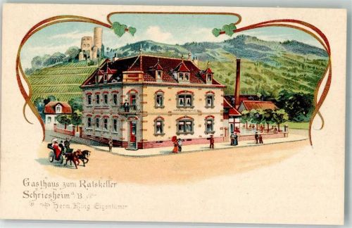 69198 W6905 Schriesheim Lithographie Gasthaus zum Ratskeller Burgruine