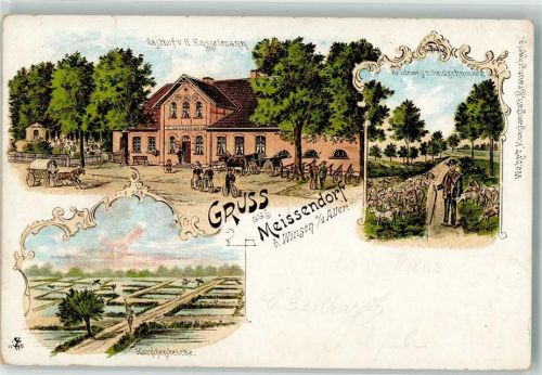 29229 W3100 Meißendorf 1899 Lithographie Heideweg Schäfer Schafherde Karpfenteiche Jäger Gasthaus Hasselmann