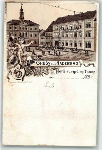 01454 O8142 Radeberg Lithographie Hotel Zur grünen Tanne Wappen Vorläufer
