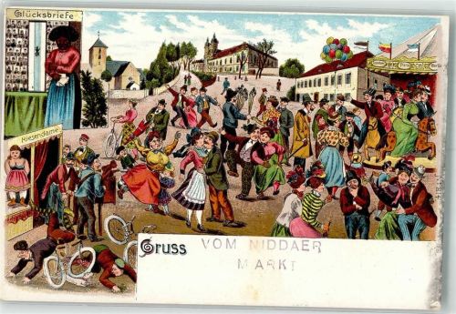 63667 W6478 Nidda Lithographie Markt Jahrmarkt Karussell Riesendame Glücksbriefe Luftballons