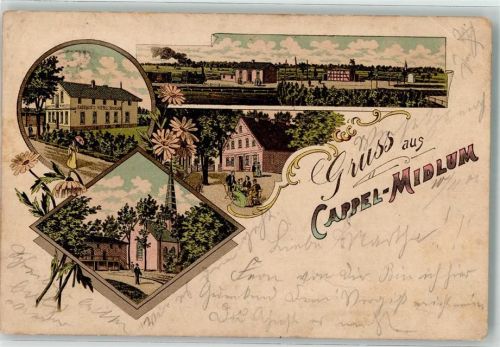 Midlum Bahnhof-Hotel Bahnhof Kirche Bahnpost Geestemünde-Cuxhaven Zg. 602 Lithographie