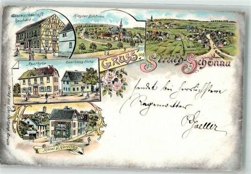 Strüth 1899 Apotheke Gasthaus Kunz Hotel Hertling Kloster Schönau Lithographie