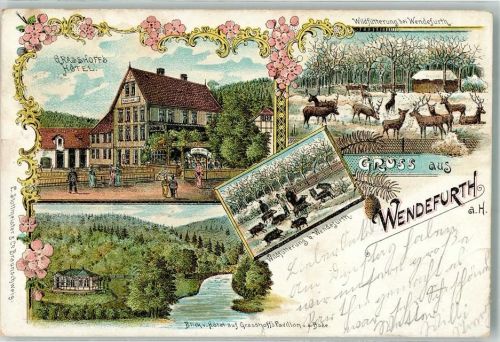 38889 O3721 Wendefurth 1902 Lithographie Wildfütterung Hirsche und Wildschweine Pavillon Grasshoff Hotel Grasshof