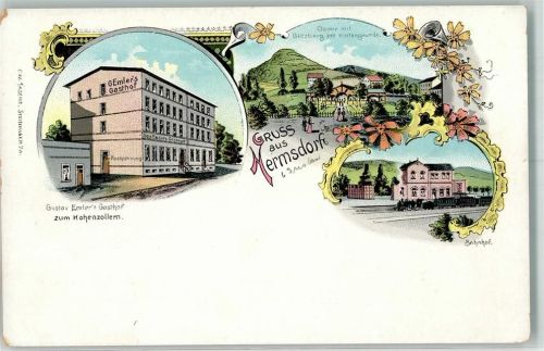 01776 O8231 Hermsdorf /Erzgeb. Lithographie Gasthaus Gustav Emler Zum Hohenzollern Blitzberg Bahnhof