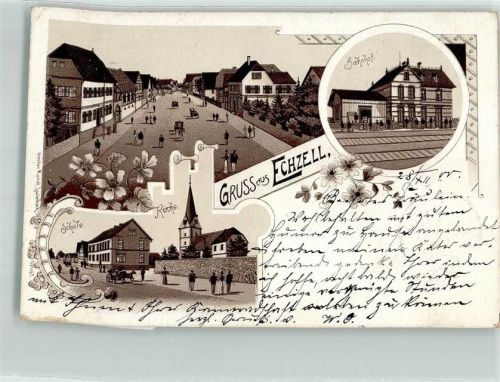 61200 W6363 Echzell 1900 Lithographie Bahnhof Schule Kirche Ortsstraße