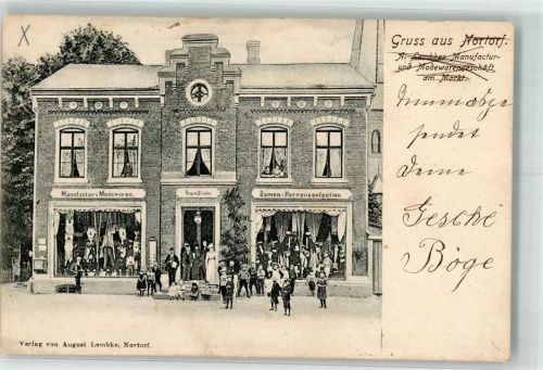 Nortorf 1905 A. Lembkes Manufaktur- und Mode- Geschäft am Markt Bahnpost Hamburg Zug 55
