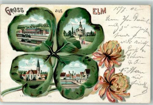 36381 W6490 Elm , Kr Schlüchtern 1902 Lithographie Bahnhof Eisenbahn Schloss Ramholz Kirche Hauptstraße Vierblättriges Kleeblatt Passepartout