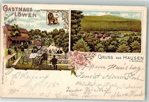 35510 W6308 Butzbach 1904 Lithographie Hausen Gasthaus zum Löwen Gartenwirtschaft Hausberg