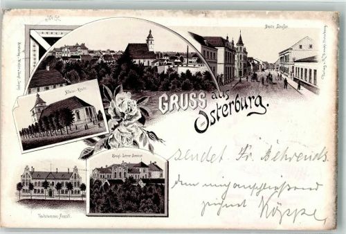 39606 O3540 Osterburg Altmark 1896 Lithographie Vorläufer Kgl. Lehrer Seminar Taubstummen-Anstalt Nikolai-Kirche Rose