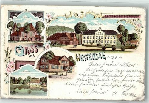 24259 W2371 Westensee 1901 Lithographie Gut Bössee Die Mühle Gasthaus Siever