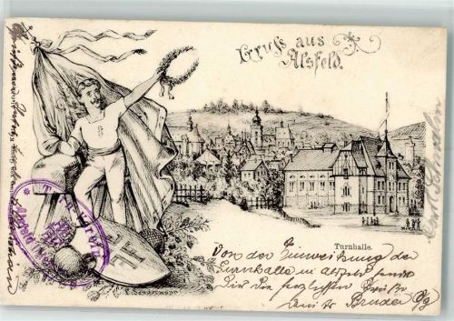 Alsfeld 1901 Turnhalle Turner Barren Hanteln Wappenschild sign. Sondermann