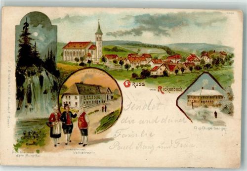 79736 W7884 Rickenbach , Hotzenw 1903 Lithographie Murgtal Wasserfall Hauensteiner Volkstrachten Gasthaus zum Rössle Dorfkirche