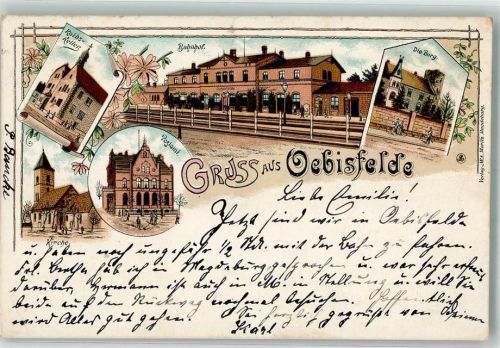 39646 O3573 Oebisfelde 1899 Lithographie Gasthaus Ratskeller Bahnhof Die Burg Post