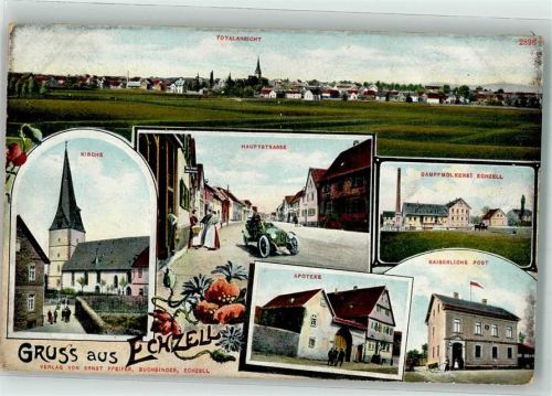 61200 W6363 Echzell 1913 Lithographie Hauptstraße Apotheke Dompfmolkerei Kaiserl. Post Bahnpost -Nidda Zg. 453