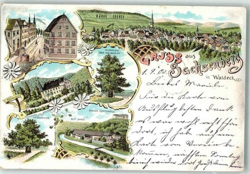 35104 W3540 Sachsenberg , Waldeck 1900 Lithographie Schloß Lichtenfels 300 jährg. Pfingslinde Hexenbuche Bierbrauerei