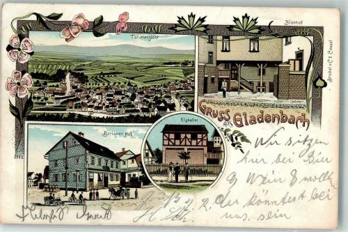 35075 W3554 Gladenbach 1904 Lithographie Gasthaus Berliner Hof Bierhof Eiskeller