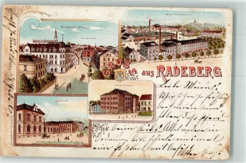 01454 O8142 Radeberg 1899 Lithographie Dresdener Straße Deutsche Eiche Bahnhof Neue Schule Exportbier Brauerei