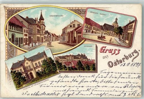 39606 O3540 Osterburg Altmark 1897 Lithographie Hospital Kriegerdenkmal Seminar Breite Straße Großer Markt Bahnpost Magdeburg-Wittenberge