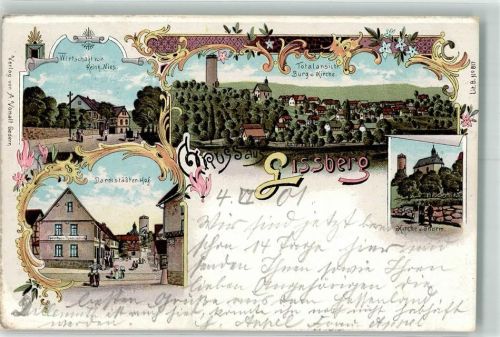 63683 W6474 Lißberg , Hess 1901 Lithographie Gasthaus Reinh. Nies Darmstädter Hof Burg Kirche