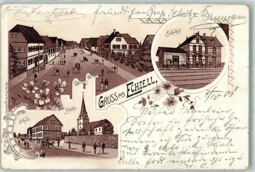 61200 W6363 Echzell 1901 Lithographie Bahnhof Dorfstraße Kirche Bahnpost Freiberg Zg. 133
