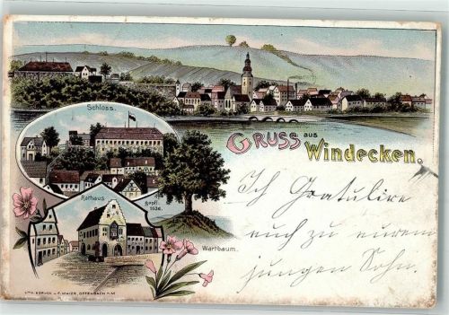 61130 W6369 Windecken 1898 Lithographie Schloß Rathaus Wartbaum