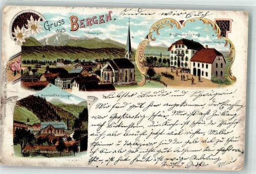 83346 W8221 Bergen , Chiemgau 1901 Lithographie Maxhütte Gasthaus zur Post Bäckerei Jüngling Edelweiß