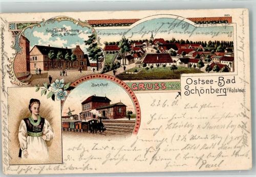 24217 W2306 Schönberg Holstein 1901 Lithographie Bahnhof Volkstracht Hotel Stadt Hamburg