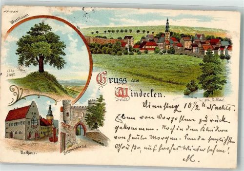 61130 W6369 Windecken Lithographie Rathaus Schloßportal Wartbaum