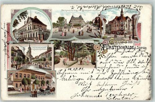 15517 O1240 Fürstenwalde , Spree 1901 Lithographie Post Amtsgericht Herrenstraße Denkmalsplatz Bahnpost Berin-Zg. 4