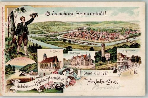 Münden 1897 Mündener Heimatfest 1897 Tillyschamze Wanderbursche Weserblick St. Blasii Rathaus Sonderstempel Lithographie